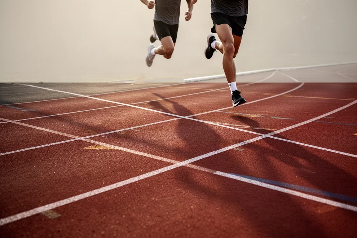 Runner sprinting around an outdoor athletics track with lane markings visible
