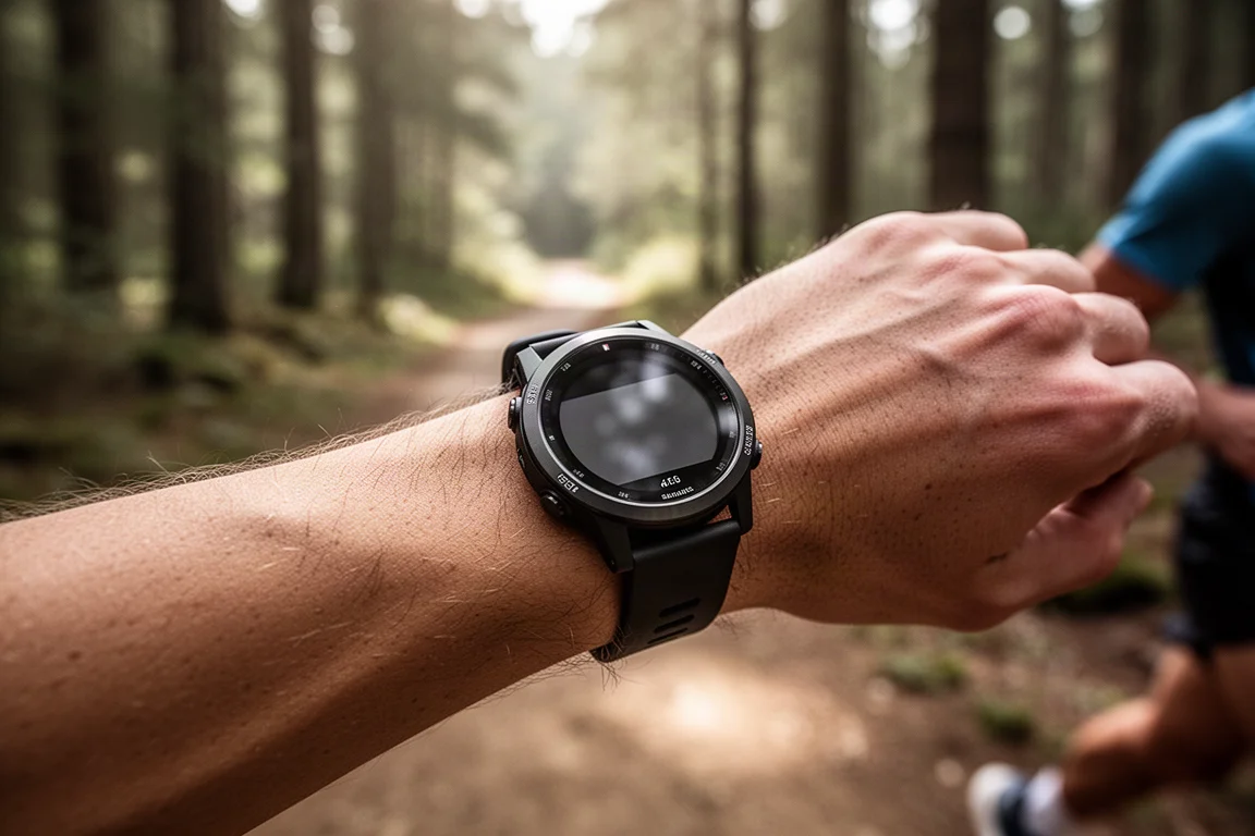 Wrist of a runner showing heart rate and pace data on a sports watch during a trail run