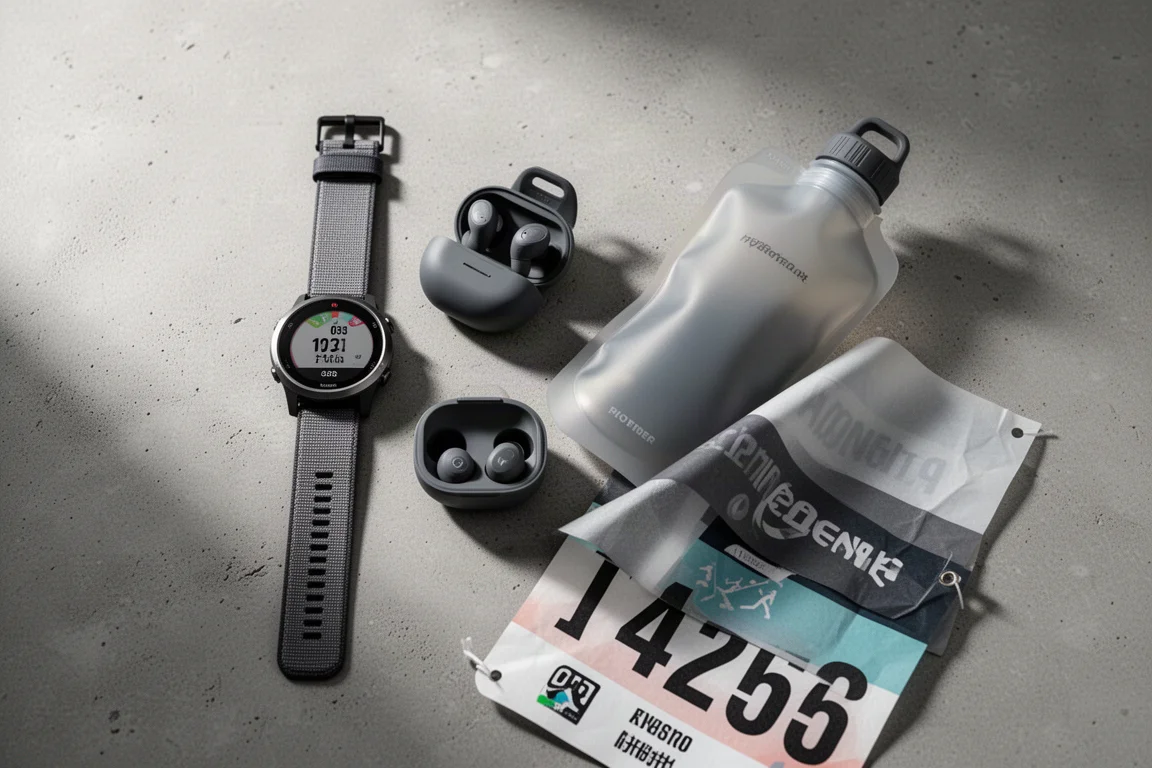 Running gear laid out on a bench including a sports watch, headphones, and hydration bottle