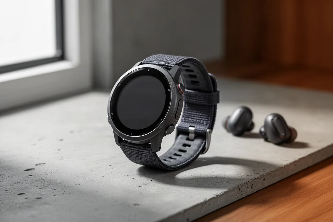 Orologio GPS Suunto Run con cinturino in tessuto su una superficie di cemento accanto a cuffie wireless