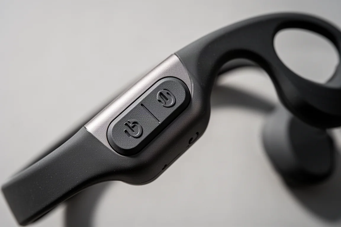 Close-up van de multifunctionele knop aan de zijkant van een neckband-koptelefoon