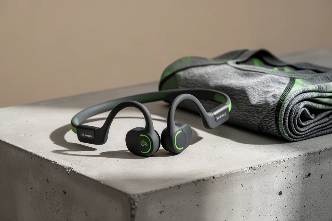 Suunto Sonic bone conduction running headphones with wraparound neckband on a concrete surface
