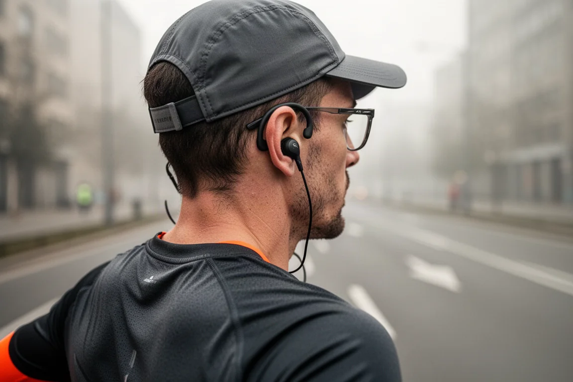 Corredor llevando auriculares de oído abierto con gafas y gorra de running en una carretera urbana