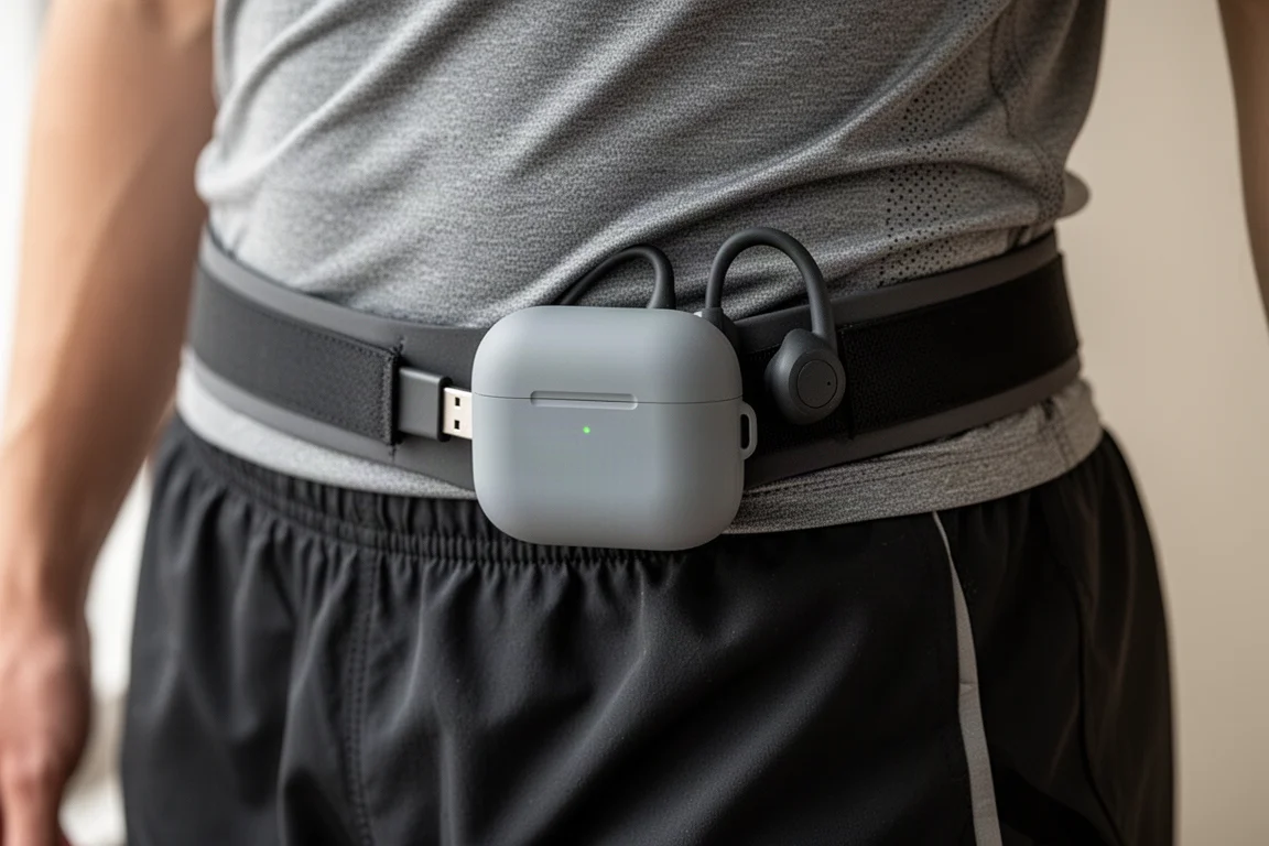 Primer plano de un pequeño estuche de carga plano para auriculares de oído abierto en el bolsillo de un cinturón de running
