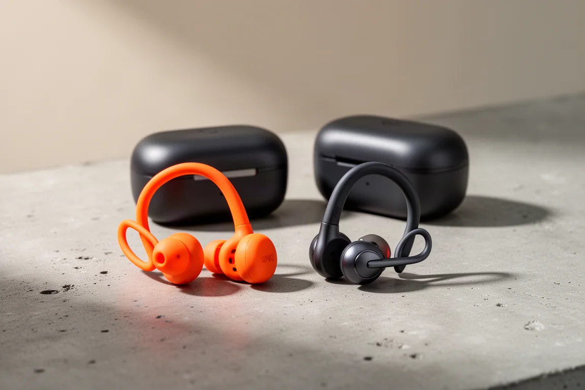 Suunto Spark und Shokz OpenFit Open-Ear-Kopfhörer nebeneinander auf einer Betonoberfläche