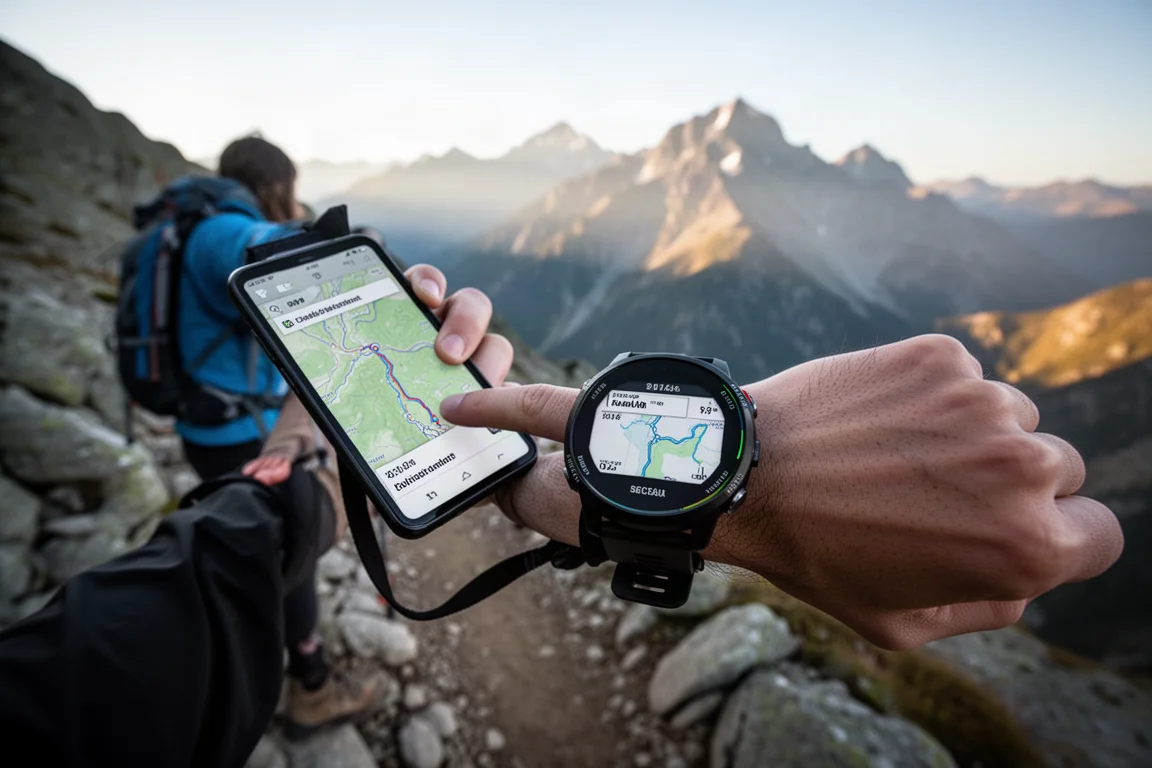 Hiker on a mountain trail at dawn checking a route on a wrist-mounted GPS watch