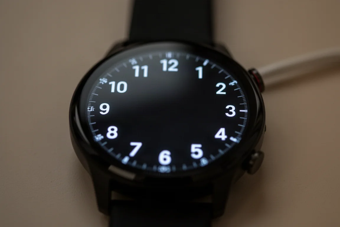 Close-up of an AMOLED sports watch display glowing in dim conditions