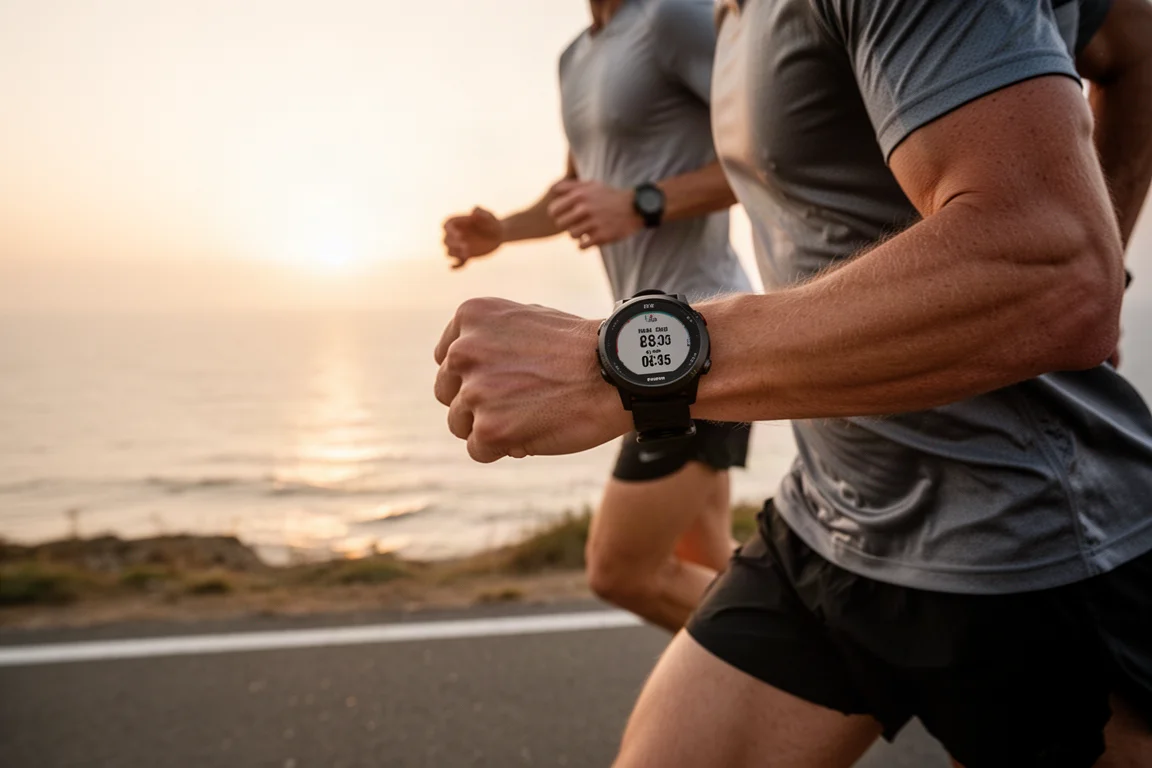 Runner on a coastal road at sunrise wearing a GPS sports watch