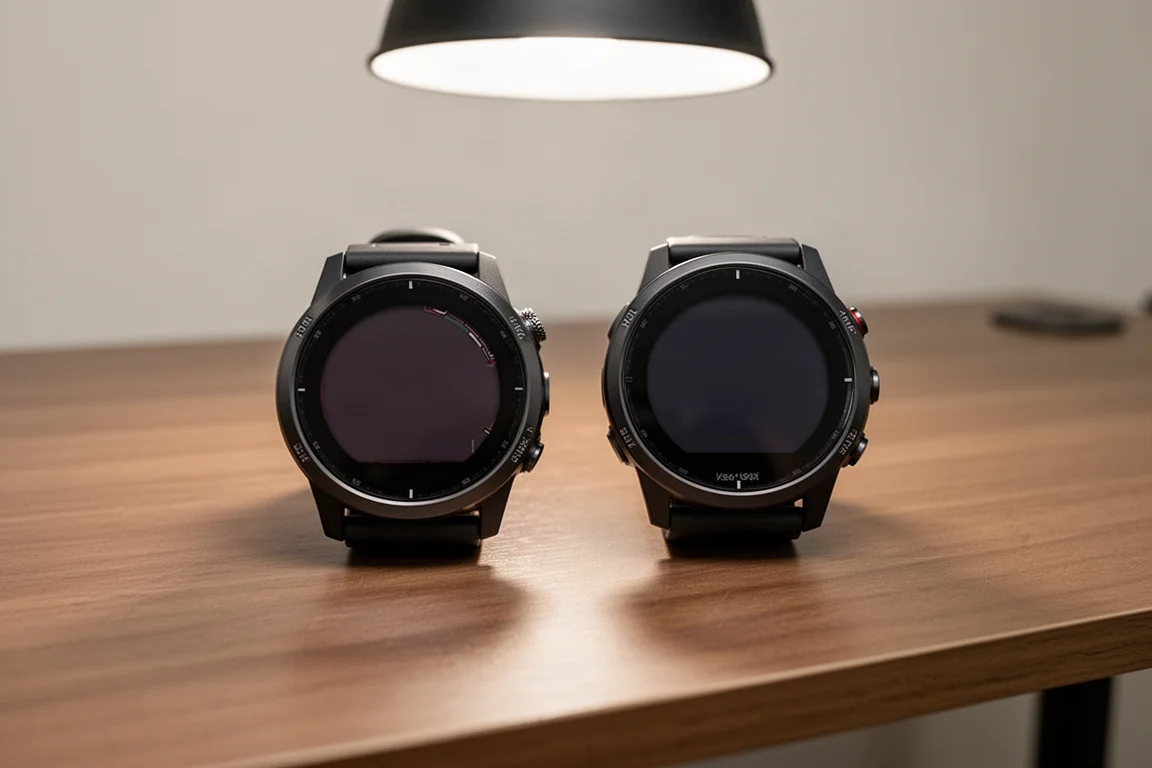 Two GPS sports watches side by side on a wooden desk