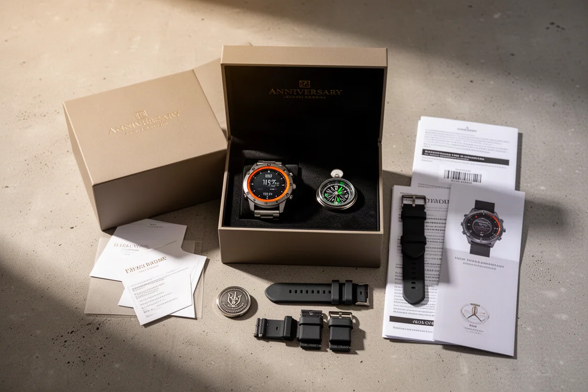 Gift box contents laid out with watch, compass, and commemorative pin