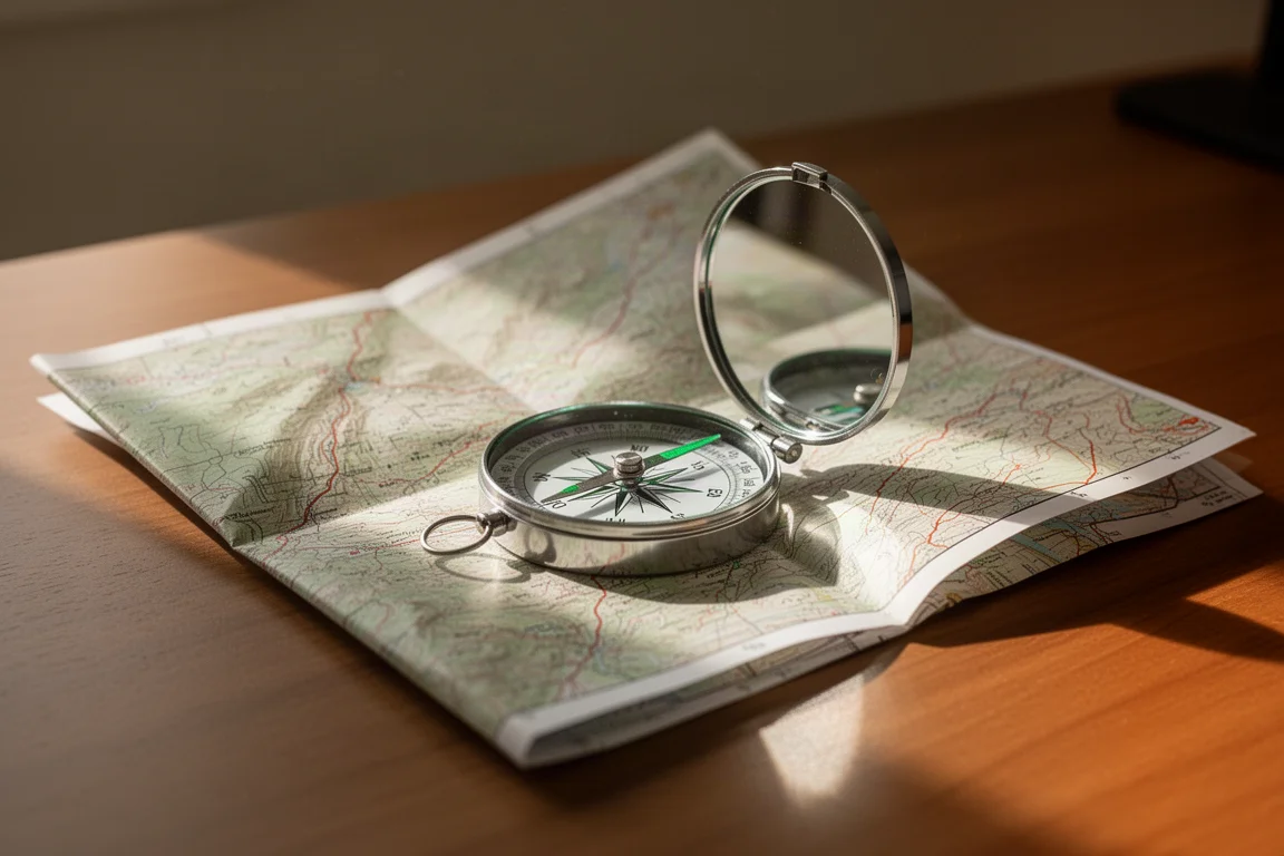 Close-up of a mirrored baseplate compass resting on a paper topographic map