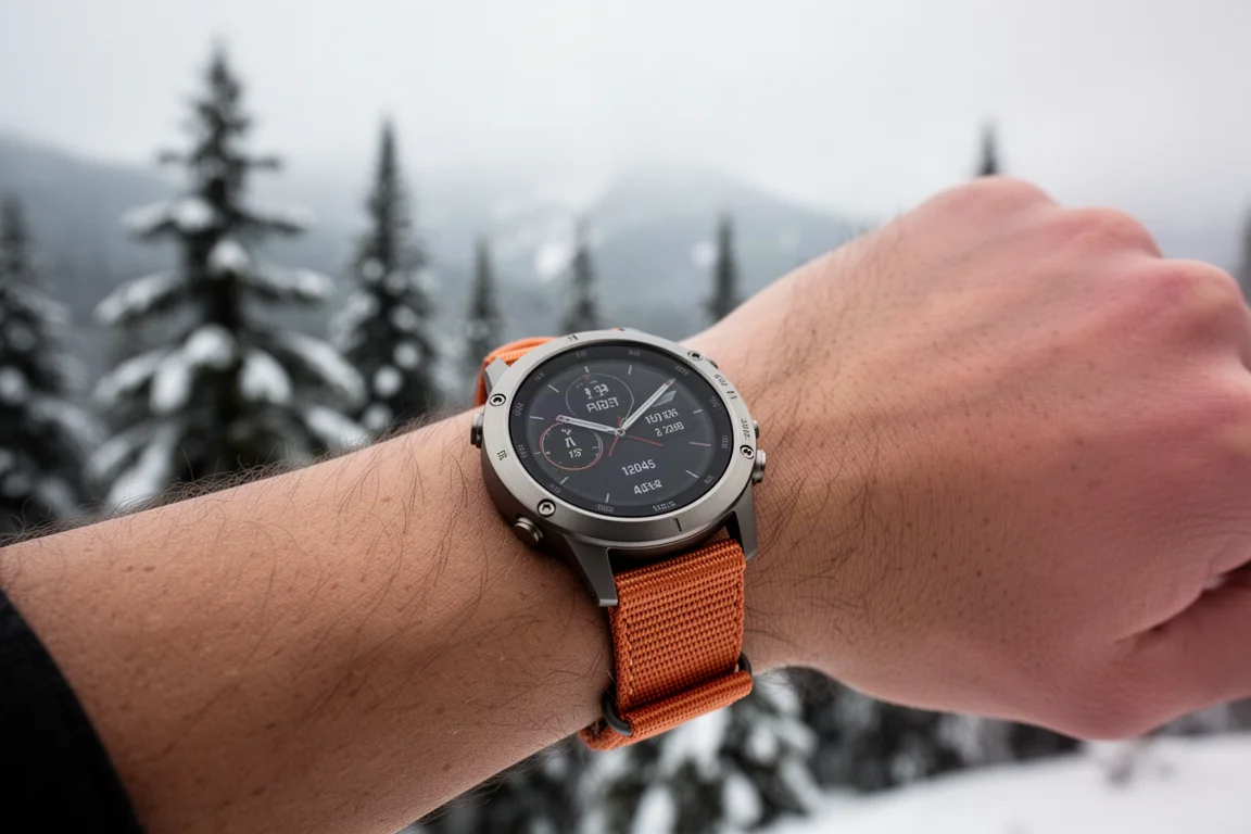 GPS sports watch on a wrist with orange nylon strap in cold outdoor light