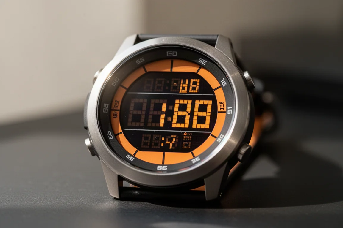 Watch face showing a retro segmented LCD-style display in orange and black