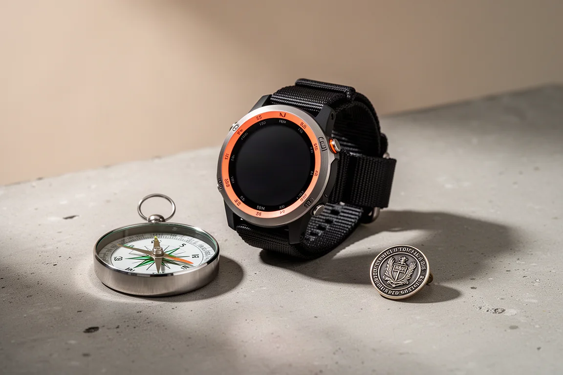 Titanium GPS watch with orange accents beside a mirrored compass and commemorative pin