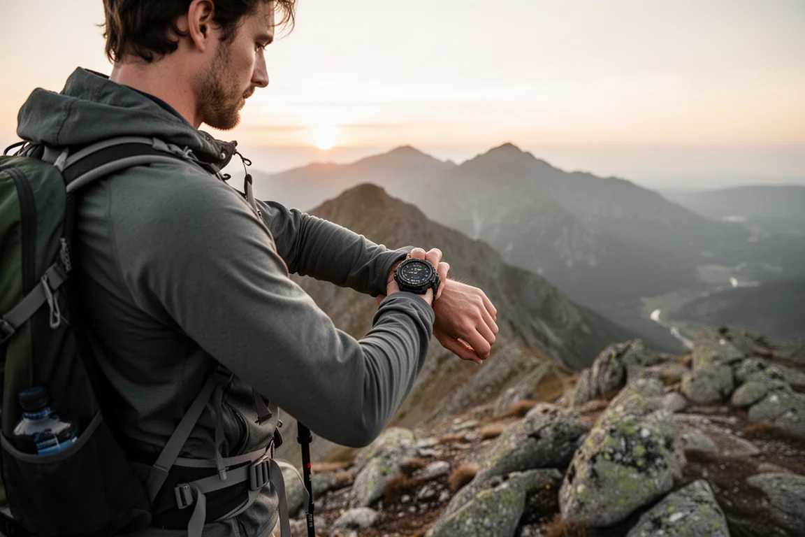 Wanderer mit Sportuhr am Handgelenk navigiert über einen Bergkamm