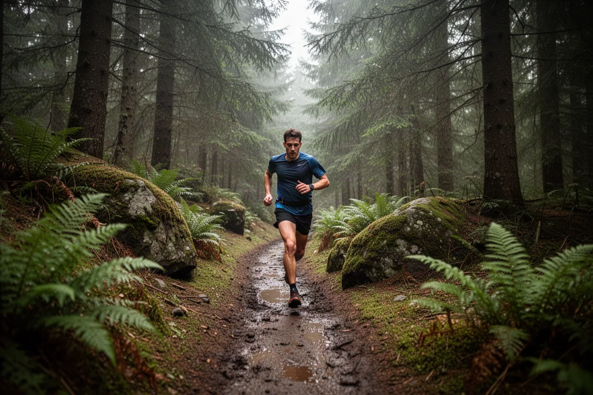 Trailrun durch dichten Wald bei sanftem, bedecktem Licht
