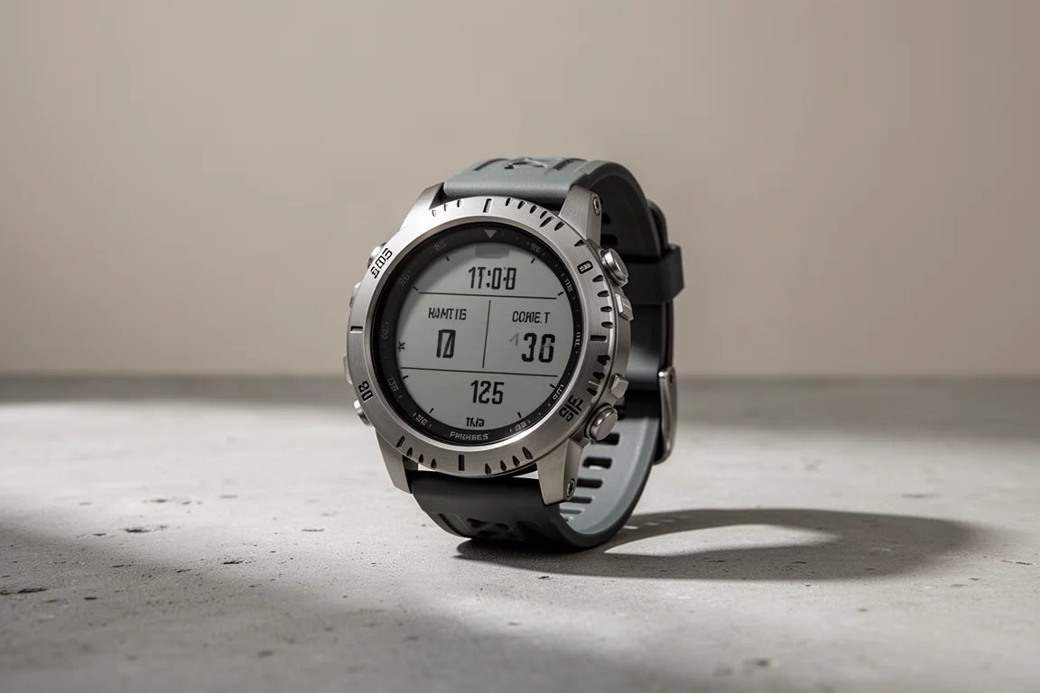 Rugged Suunto-style outdoor sports watch with steel bezel on a concrete surface