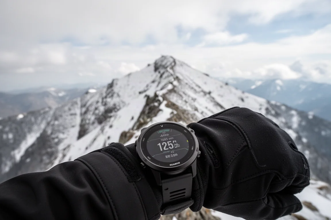 GPS sports watch on a hiker's wrist overlooking a snowy mountain summit
