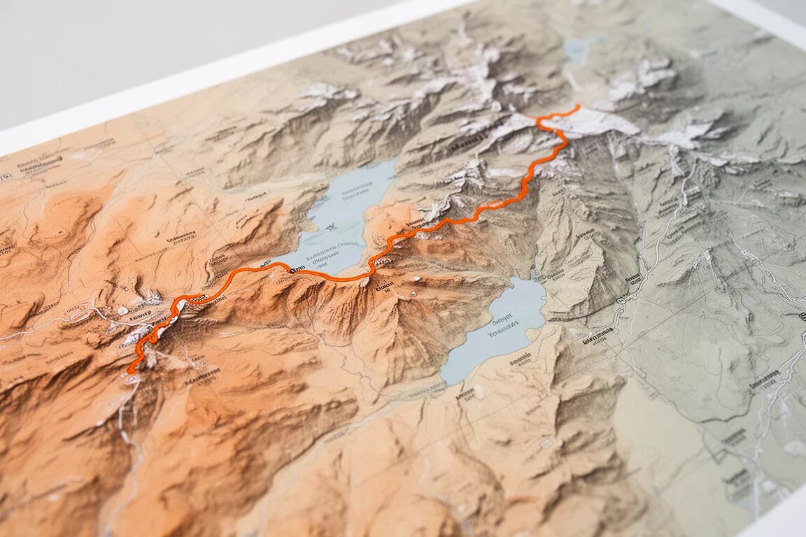 Close-up of a topographic map with an orange highlighted hiking route