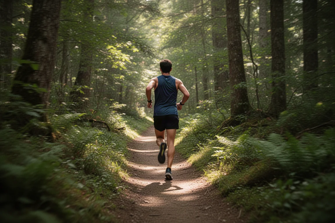 Trail runner moving through dense forest on a narrow singletrack trail