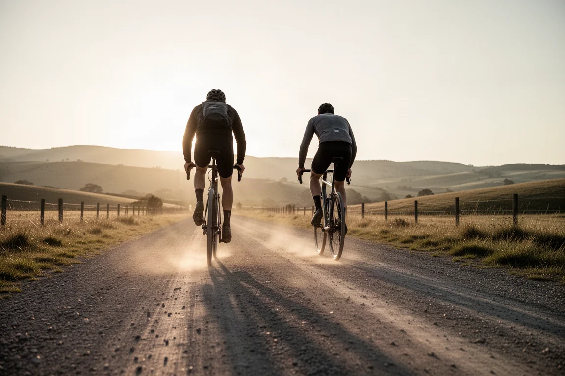 Cyclist riding a gravel road at golden hour in open countryside
