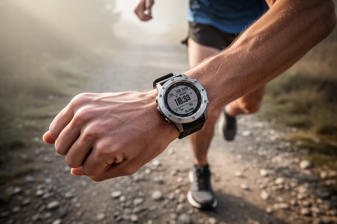 Läufer auf einem Trail mit deutlich sichtbarer robuster GPS-Uhr am Handgelenk