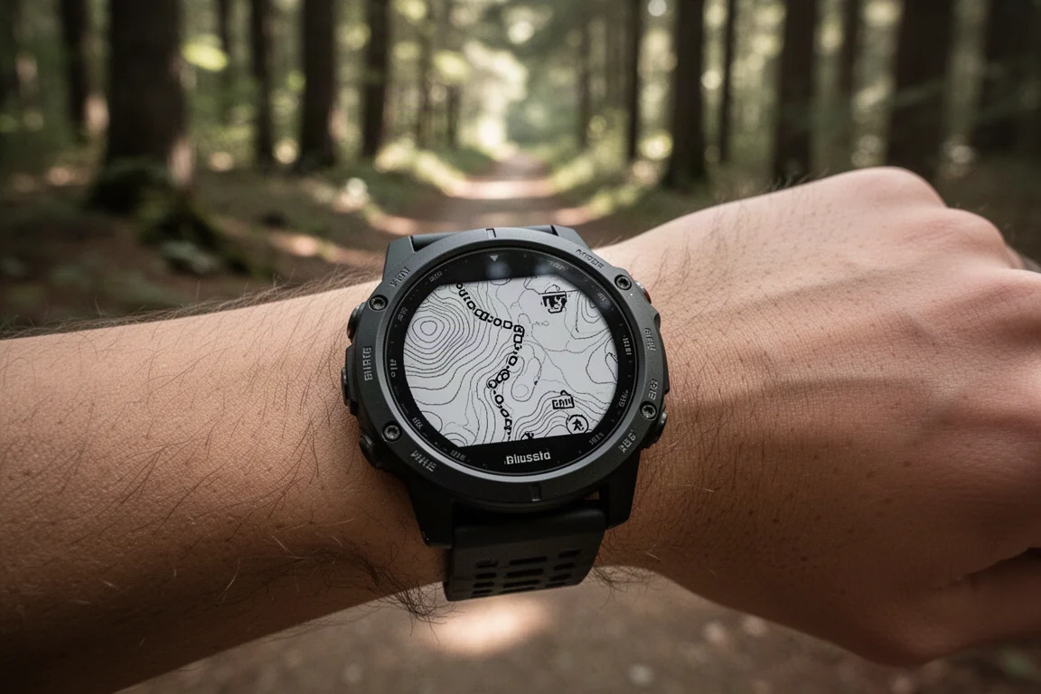 GPS-Uhr am Handgelenk zeigt während eines Laufs eine topografische Karte