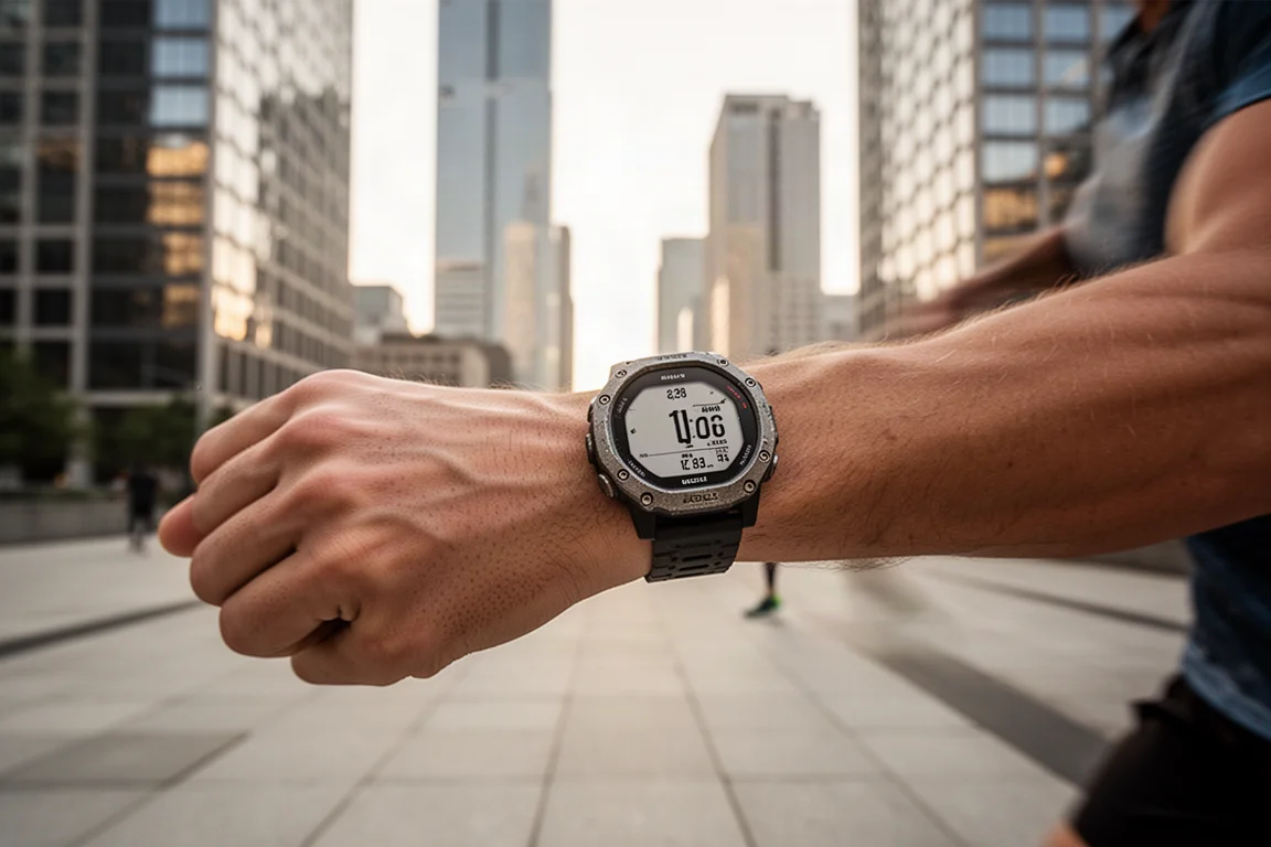 Handgelenk eines Läufers mit GPS-Uhr bei langem Stadtlauf in der Nähe von Gebäuden