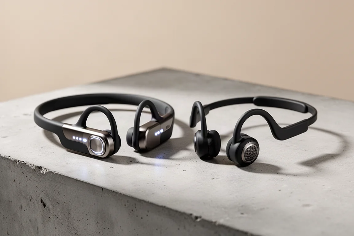 Two pairs of neckband-style open-ear sports headphones side by side on a concrete surface