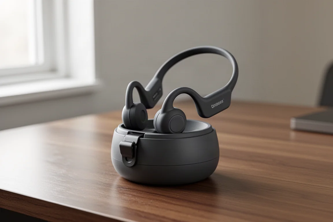Primer plano de auriculares de conducción ósea apoyados en una pequeña base de carga