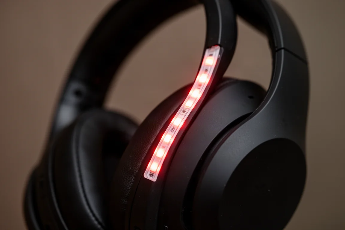 Primer plano de una pequeña tira de luz LED brillando en la patilla de unos auriculares deportivos