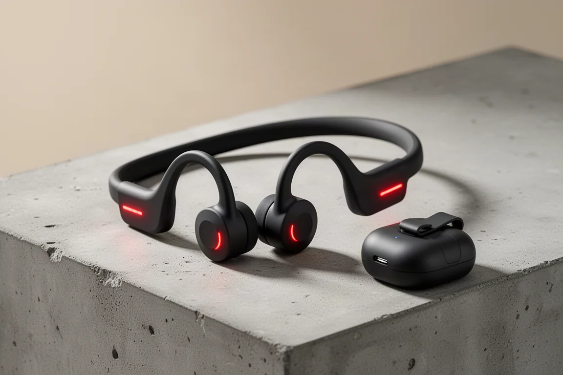 Suunto Wing bone conduction headphones beside a charging cradle on concrete