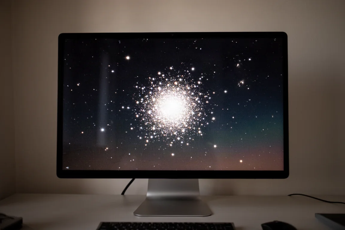 コンピューター画面に表示された球状星団のスタック天体写真画像