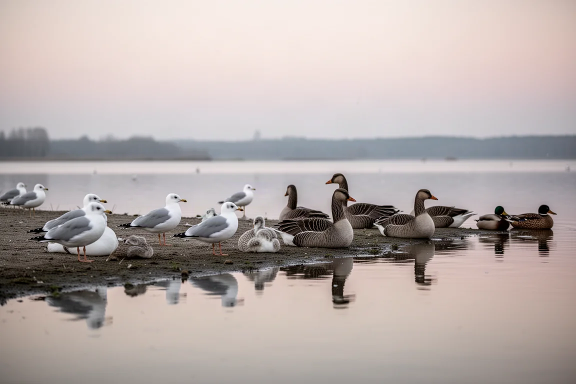 夕暮れの湖畔で休むカモメやカモなどの水鳥