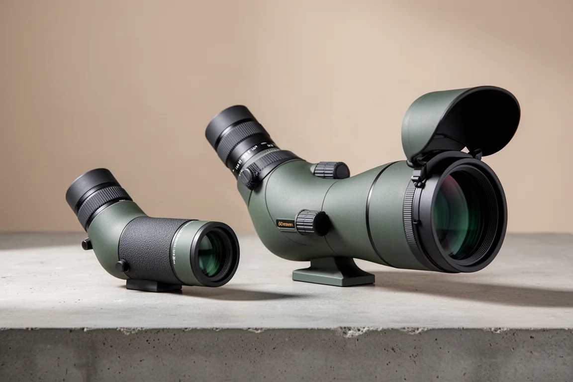 Two SVBONY spotting scopes side by side on a concrete surface
