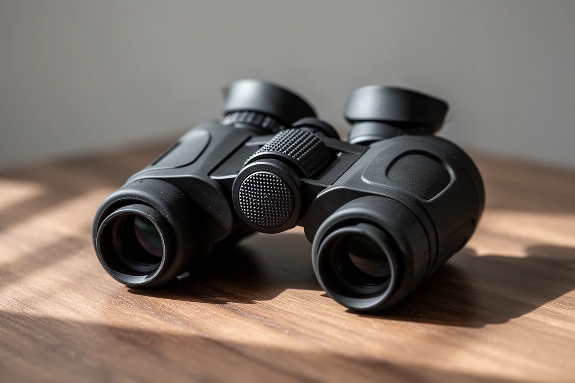 Kompaktes schwarzes Fernglas mit Fokusrad und Okularmuscheln auf einem Holztisch
