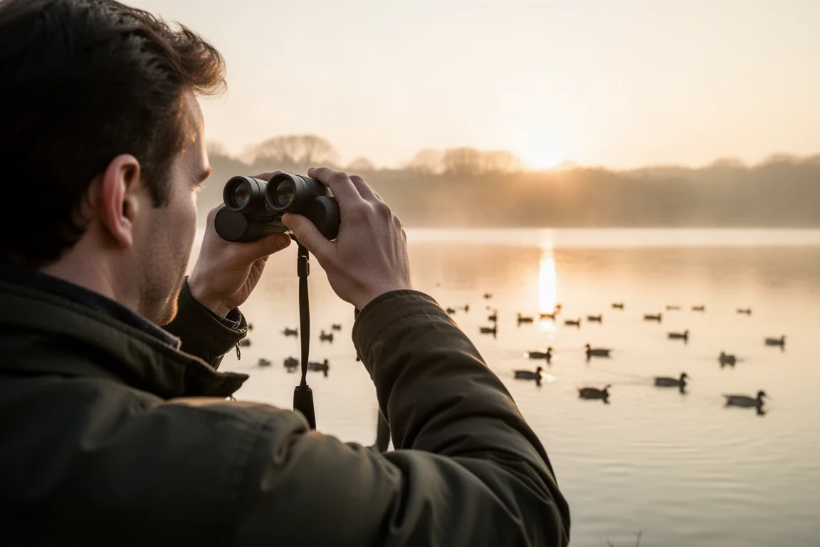 Vogelbeobachter scannt in der goldenen Stunde einen See mit dem Fernglas