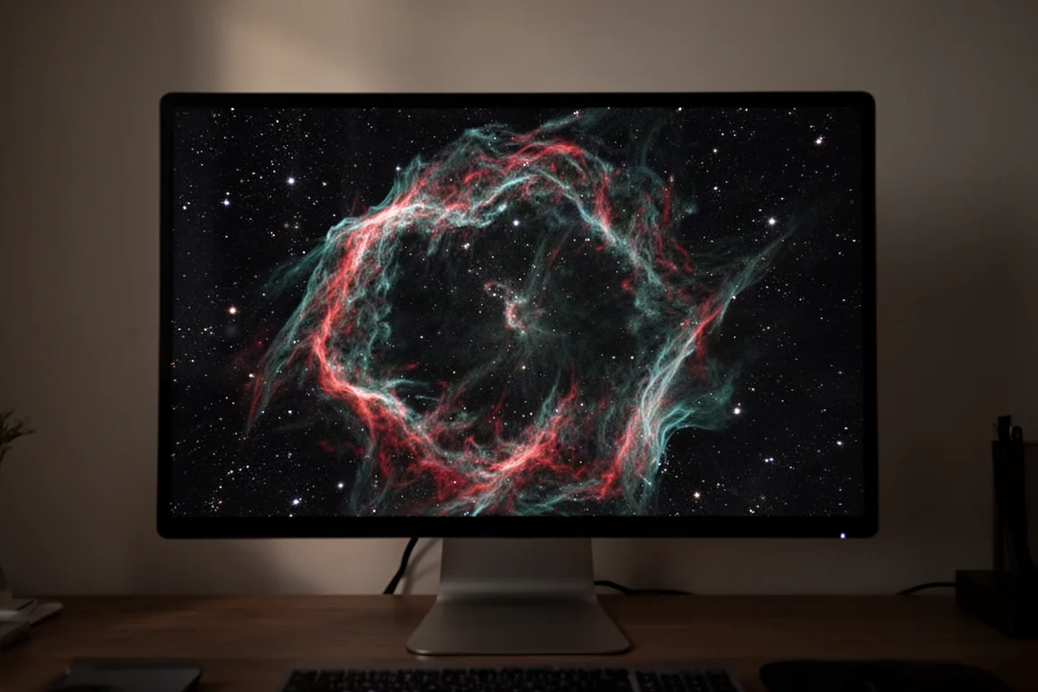 コンピューター画面上に赤と青緑のフィラメントが映る網状星雲の天体写真