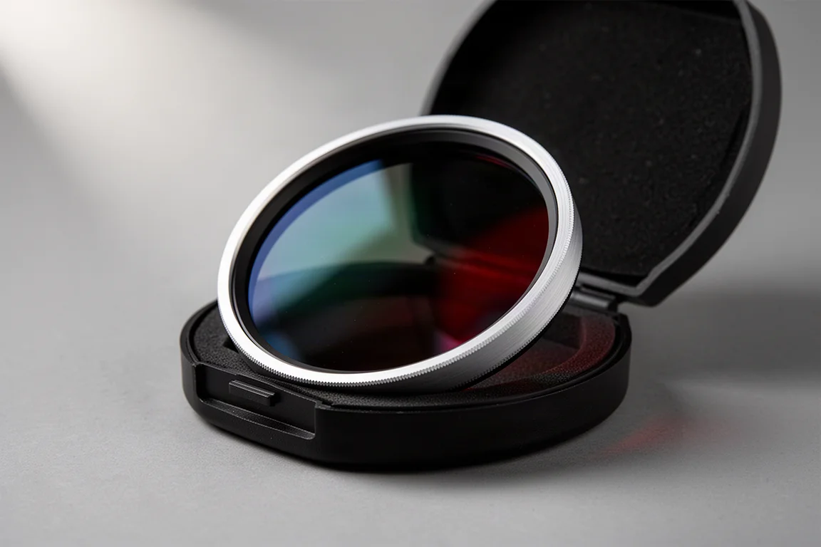 SVBONY SV220 3nm天体フィルター。マットブラックの表面に虹色のガラス反射が映る