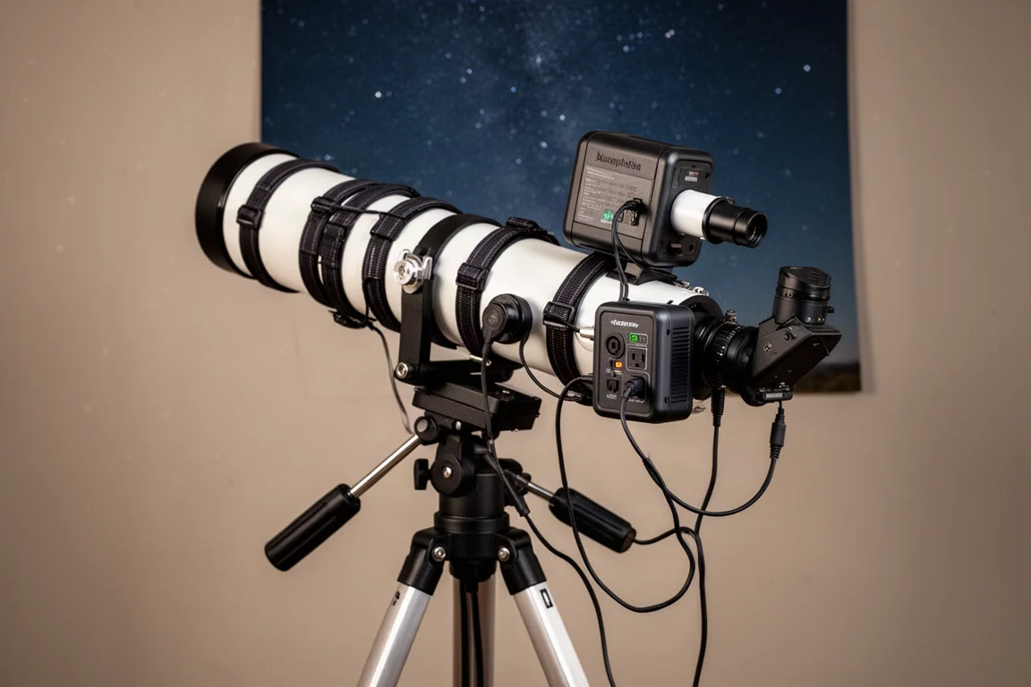夜間の望遠鏡セットアップで、チューブにデューヒーターとパワーハブが取り付けられている様子