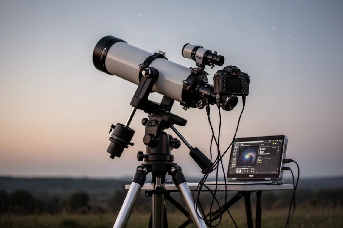 Astrophotography rig with a telescope, camera, and mini PC connected by cables
