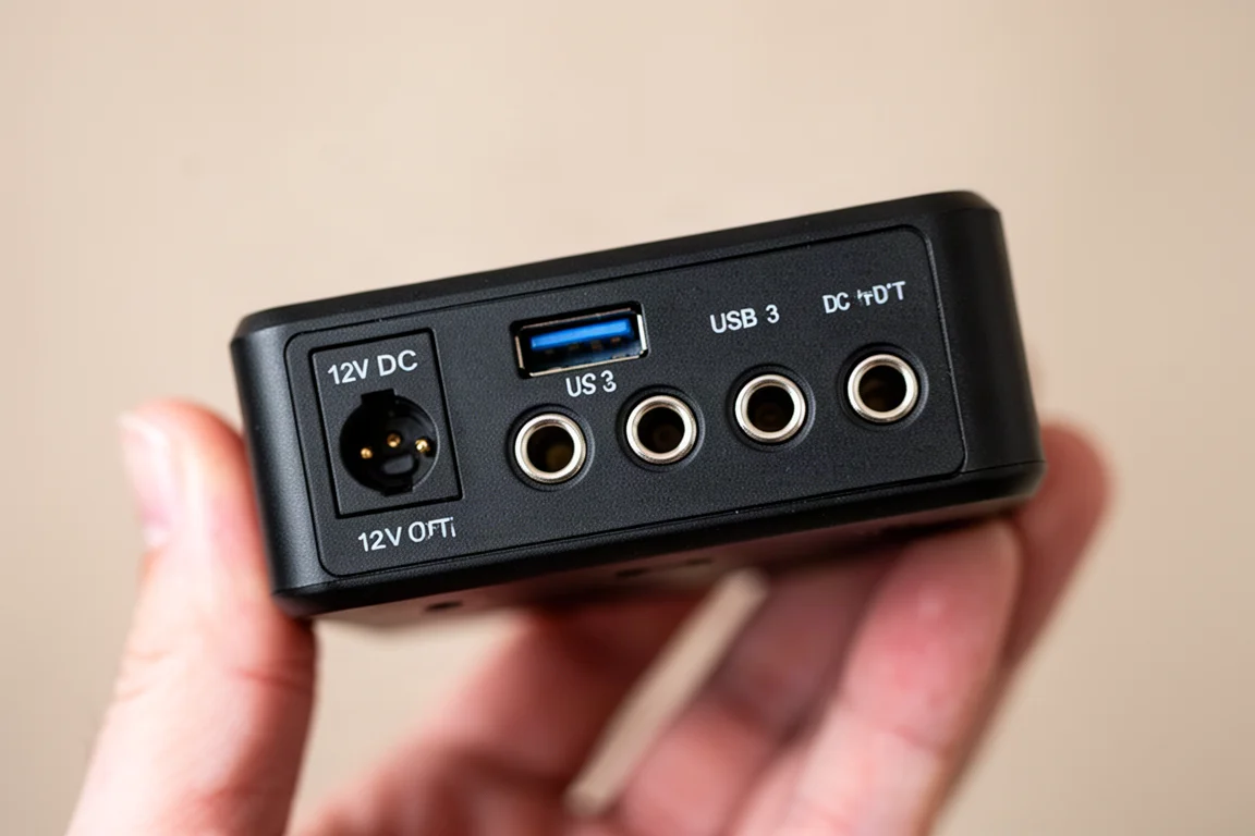 Close-up of a small black power hub with multiple DC and USB ports