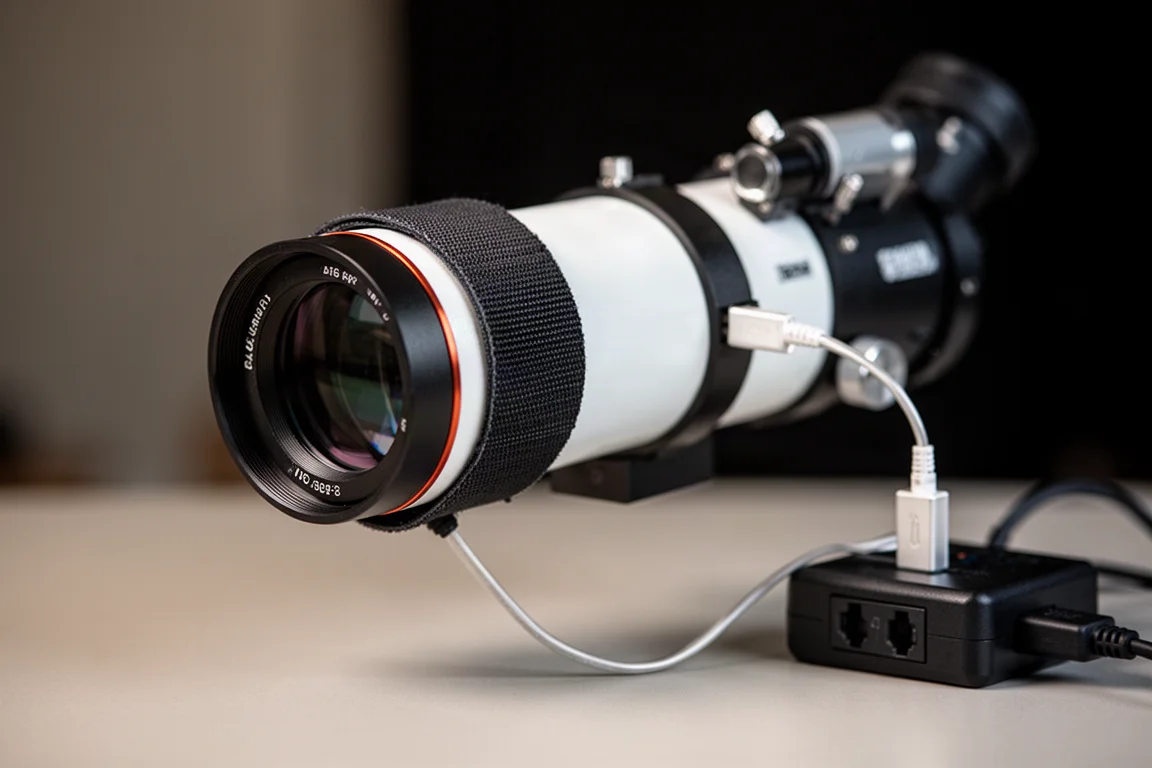 A dew heater band wrapped around a small guide scope, powered by a USB cable