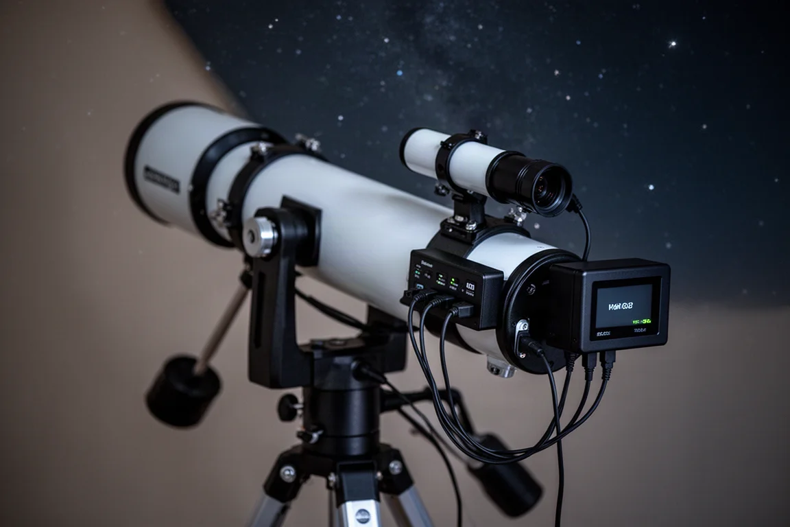 Astrophotography rig with the SVBONY SV241 mounted near a mini PC on a telescope
