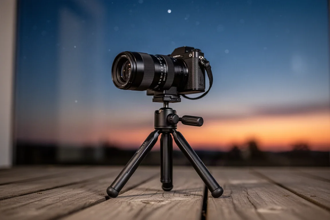 Compact astrophotography lens and camera mounted on a small tripod outdoors at dusk