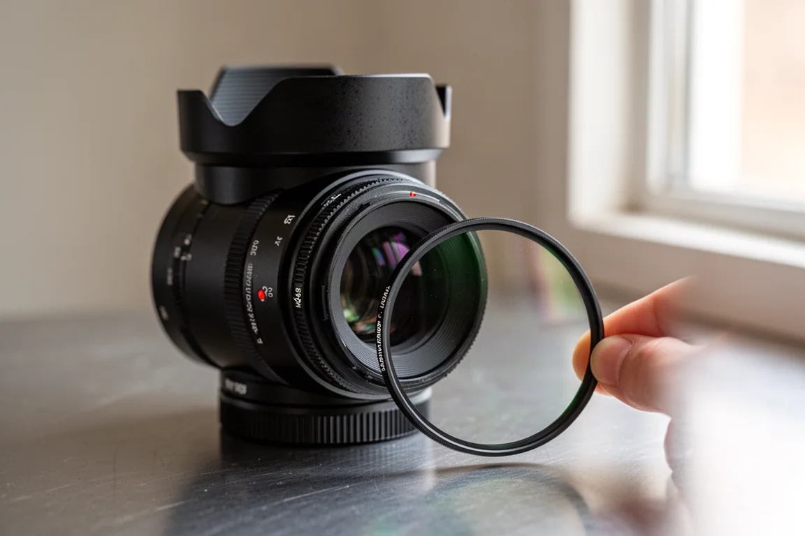 Close-up of the front of the lens showing the removable hood and M48 filter threads