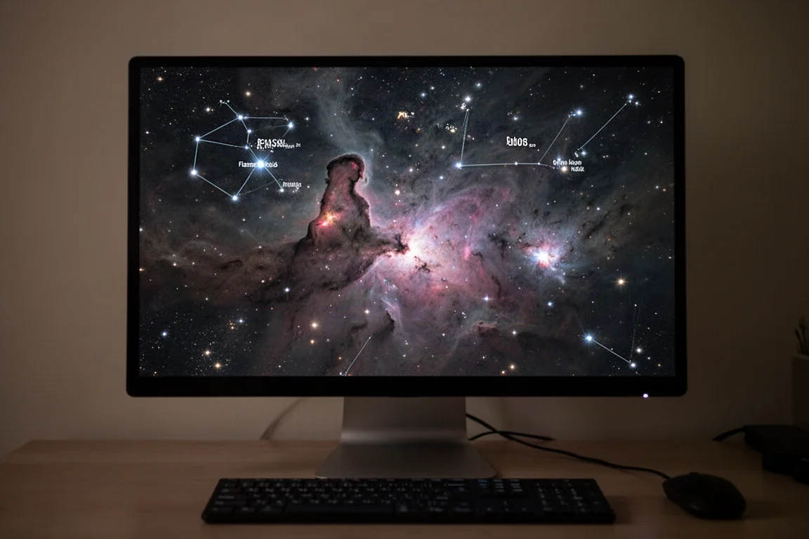 Wide-field astrophotography image of the Orion constellation region with the Horsehead and Flame Nebulae