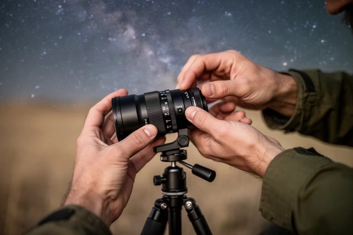 Astrophotographer adjusting the focus ring on a compact lens attached to a camera on a tripod