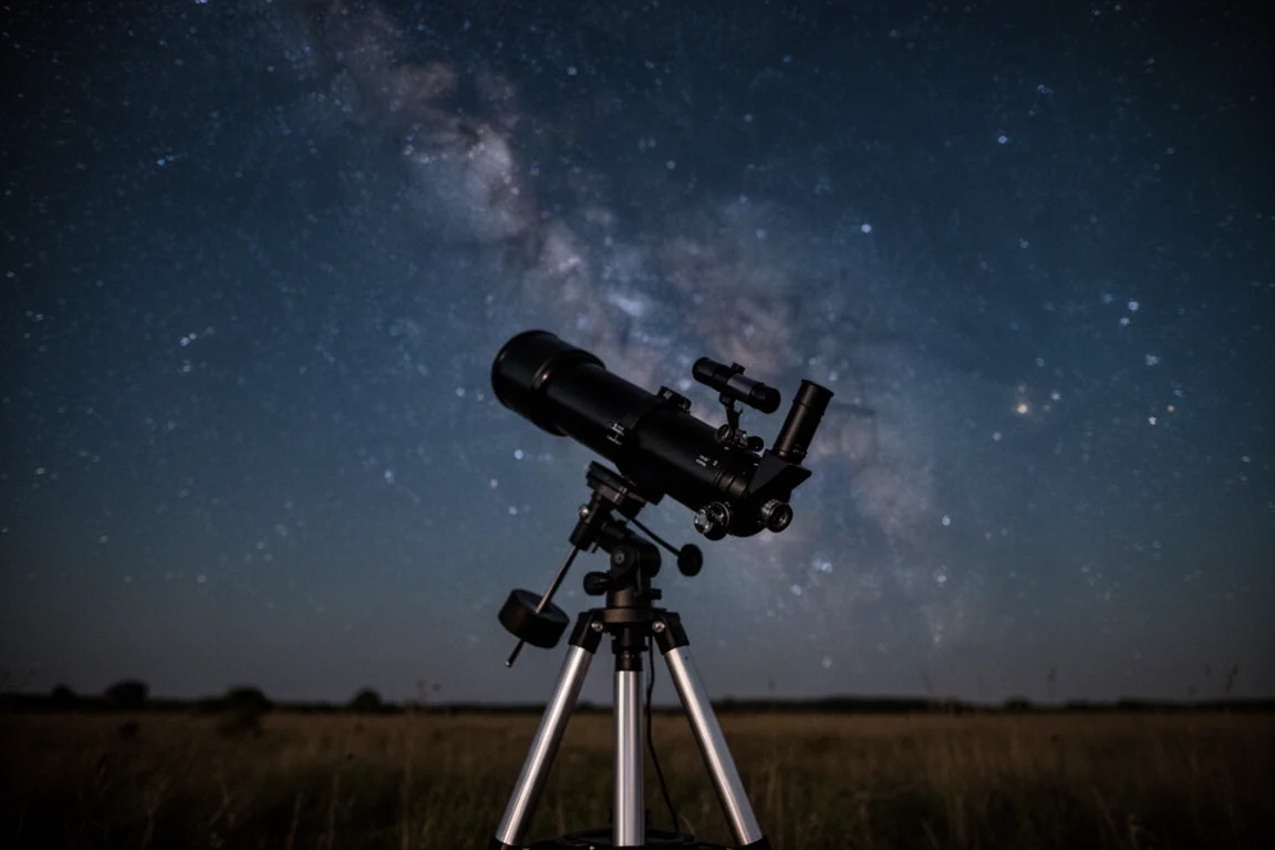 Telescopio refractor compacto montado en una montura ecuatorial bajo un cielo nocturno oscuro
