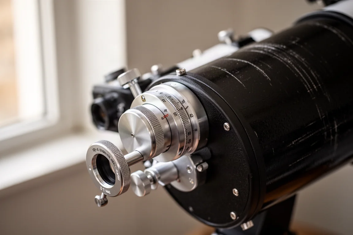 Primer plano del enfocador trasero y el adaptador de cámara en el telescopio